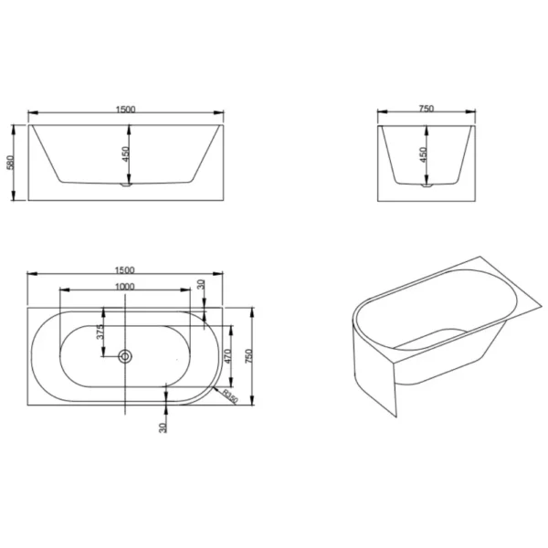 1500mm Left Hand Corner Bath - Image 2